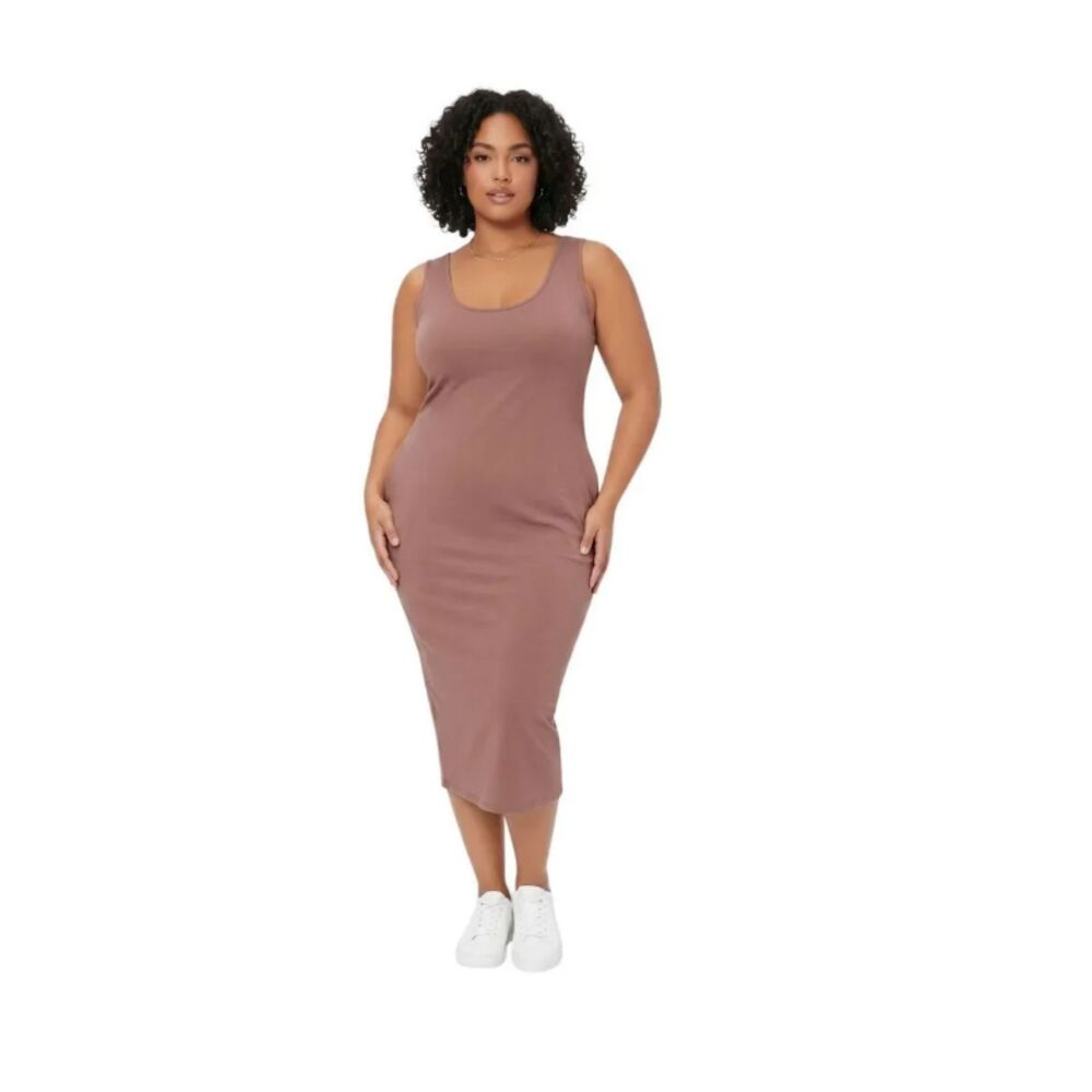 Naked Wardrobe Mocha Brown Ribbed Midi Tank Dress Size 1X